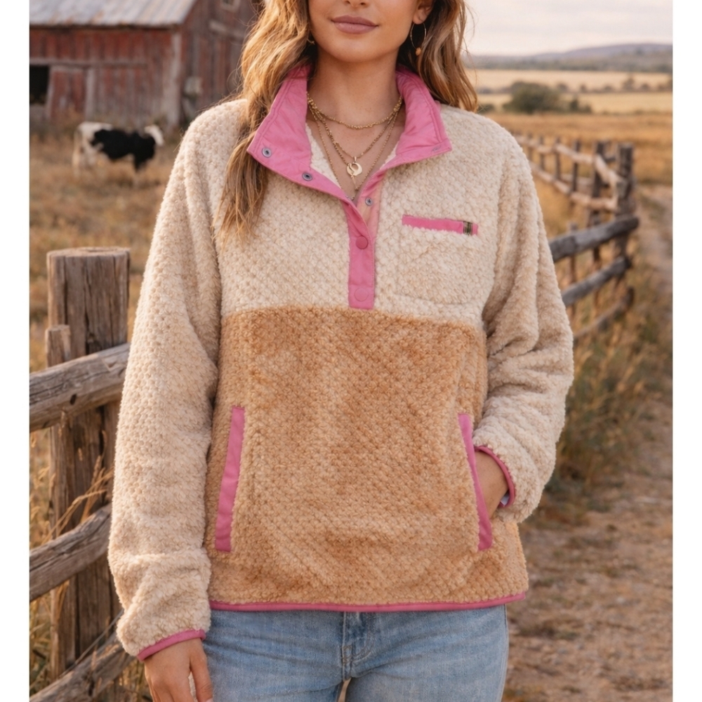 Simply Southern Honey Sherpa Pullover Large NWT Pink Trim Cozy Sweatshirt
